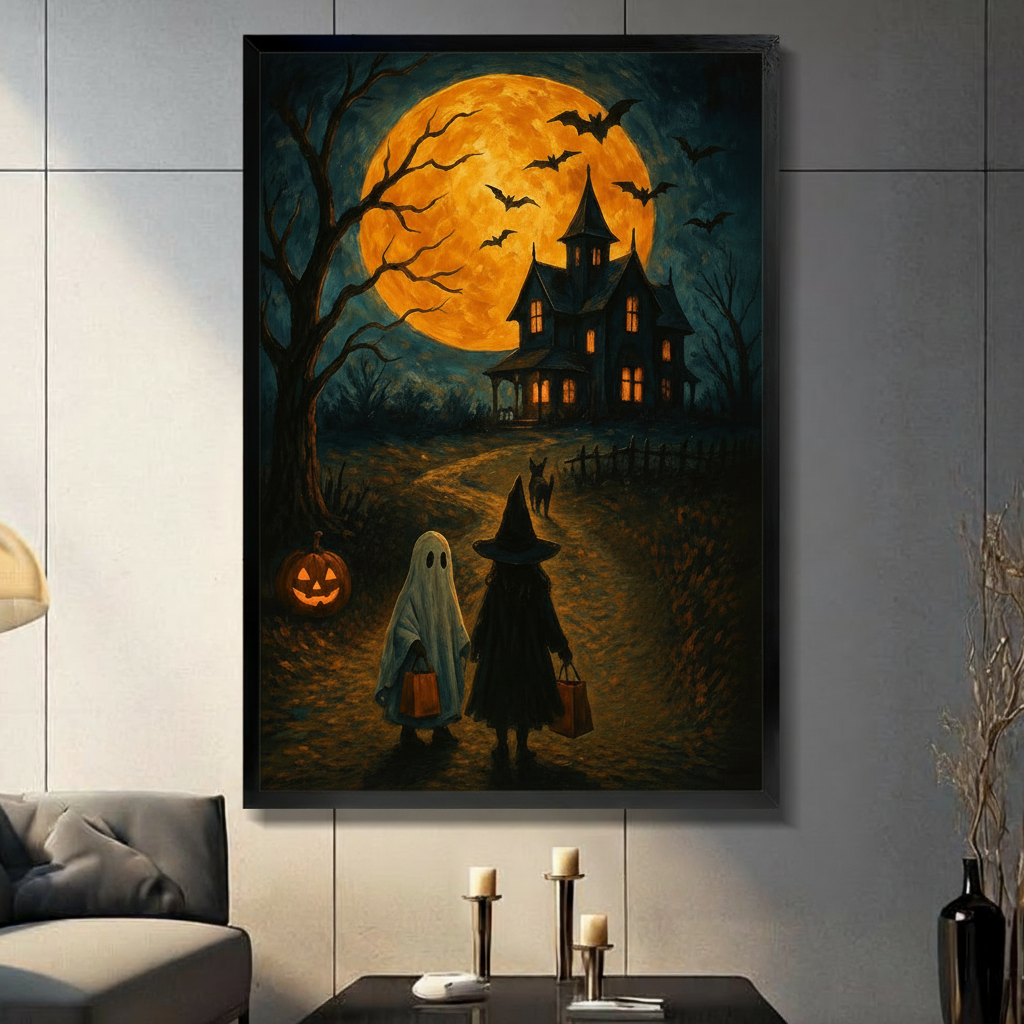 Halloween framed art print of ghost and witch trick-or-treating toward a haunted house under a full orange moon, with a hidden black dog on the path, dark living room wall

