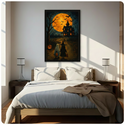 Halloween wall art in black frame featuring ghost, witch, and black dog trick-or-treating under a full moon toward a haunted house, hung above bed in bright Scandinavian bedroom