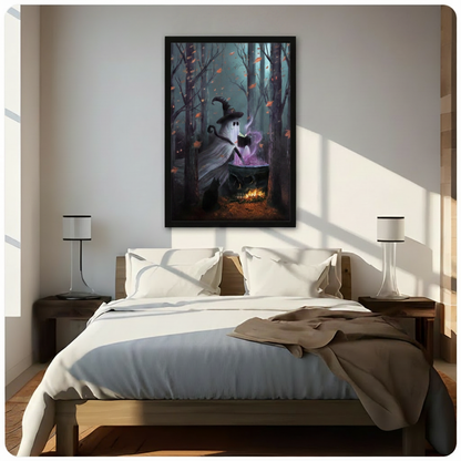 Spooky ghost witch with cauldron and black cat framed poster above bed in sunlit minimalist bedroom, gothic Halloween fantasy art print for bedroom wall decor