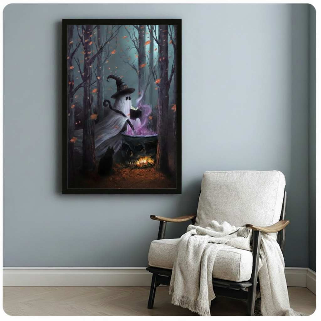 Gothic ghost witch with spell book and glowing cauldron framed poster beside cozy armchair, spooky dark forest Halloween wall art in black frame