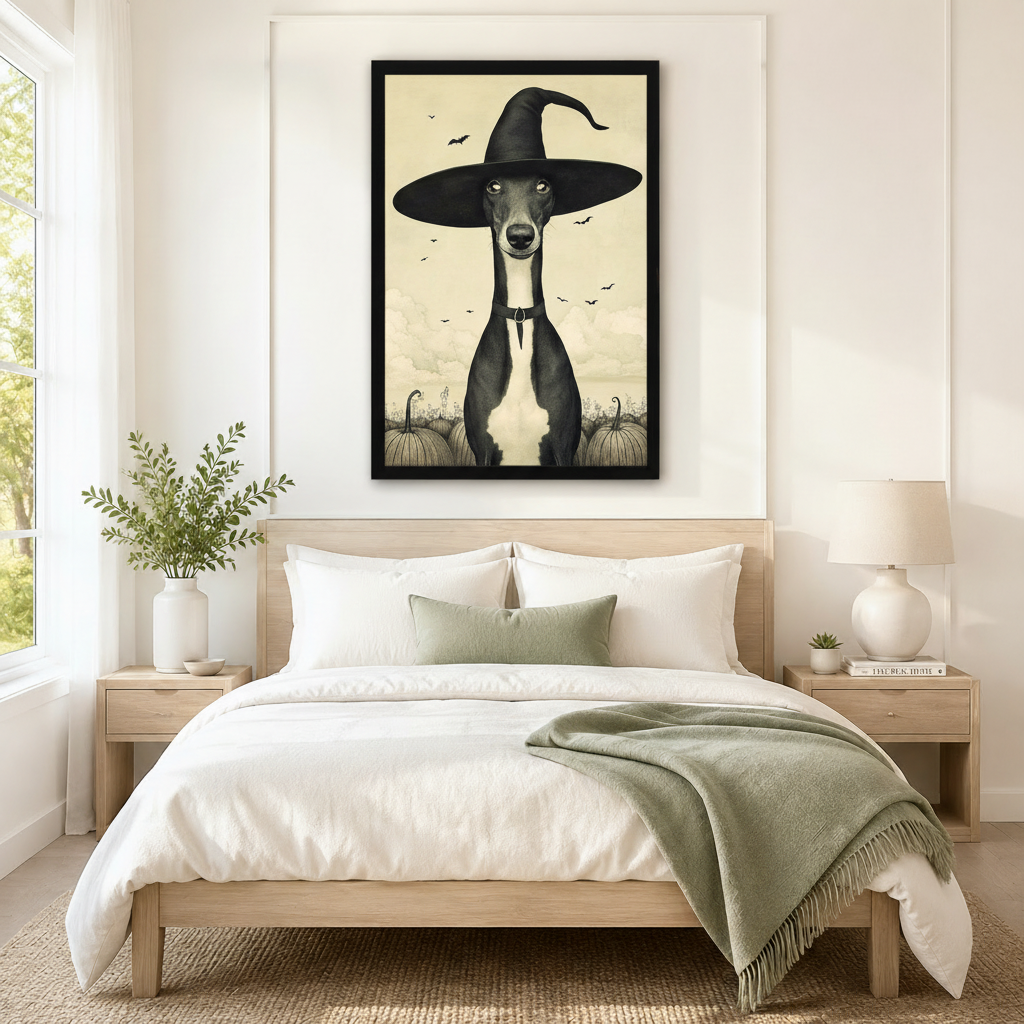 Large framed canvas of a greyhound in a witch hat with pumpkins and bats, mounted above a neutral linen bed as a Halloween bedroom statement piece