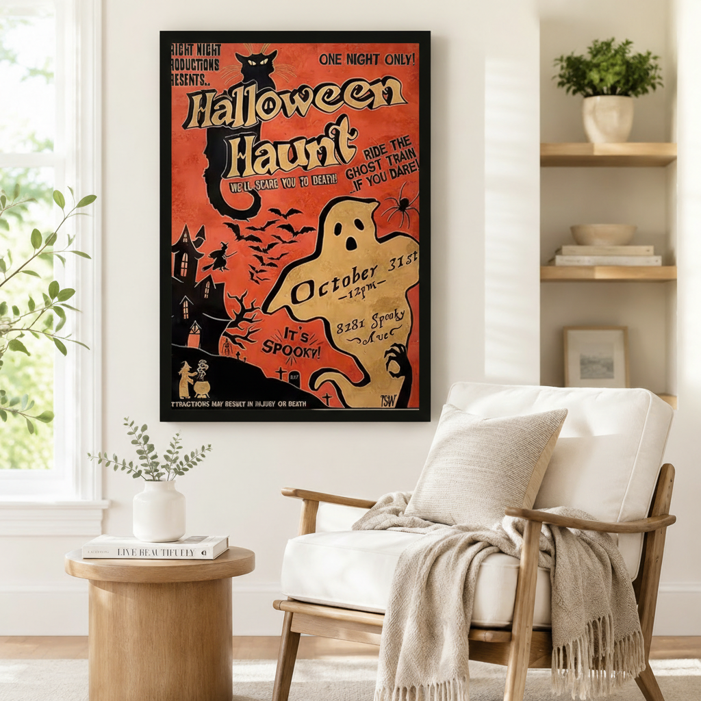 Vintage-style Halloween Haunt framed poster beside a linen armchair in a Scandinavian reading nook – retro haunted house ghost print home decor