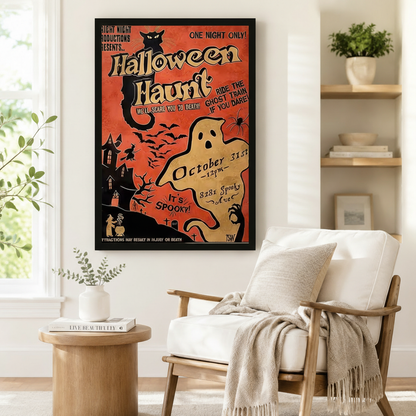 Vintage-style Halloween Haunt framed poster beside a linen armchair in a Scandinavian reading nook – retro haunted house ghost print home decor