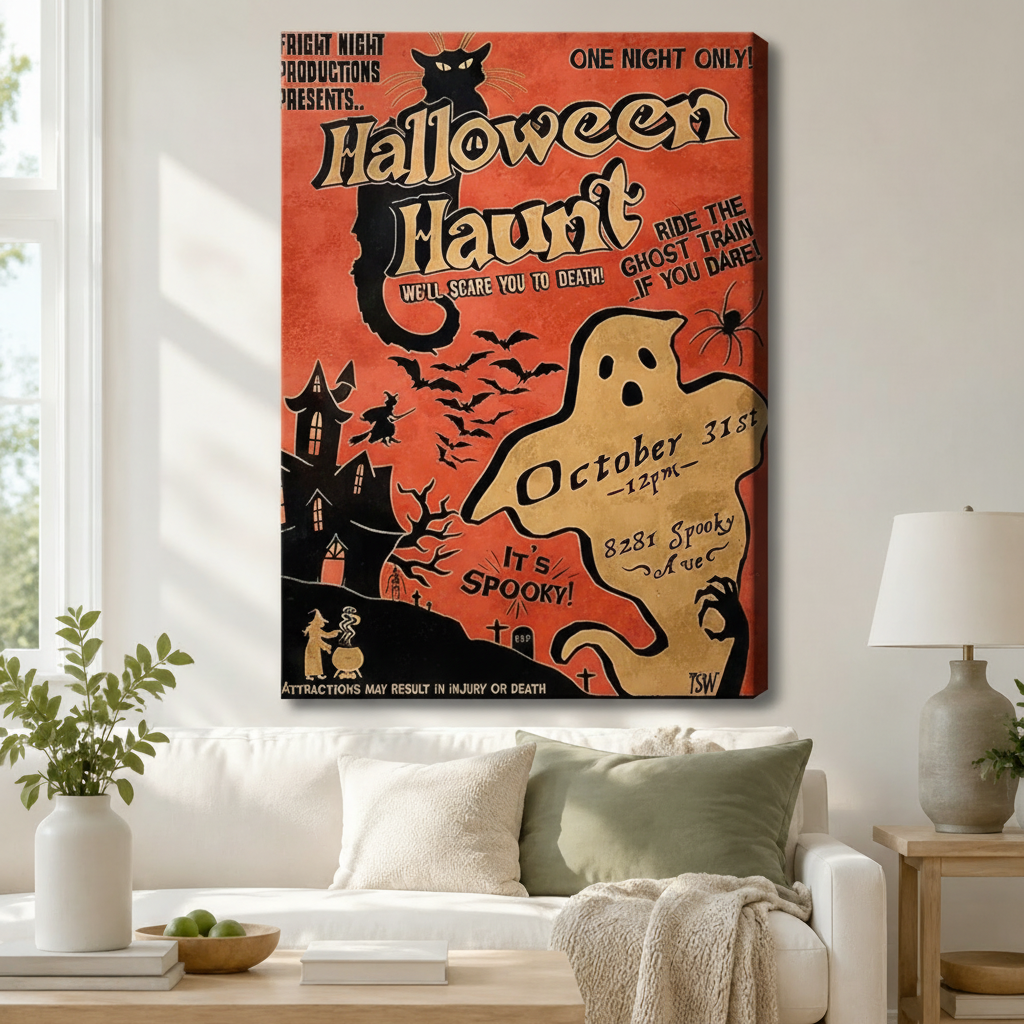Retro Halloween Haunt gallery-wrapped canvas print hanging above a white sofa – vintage orange ghost and black cat spooky wall art for living room