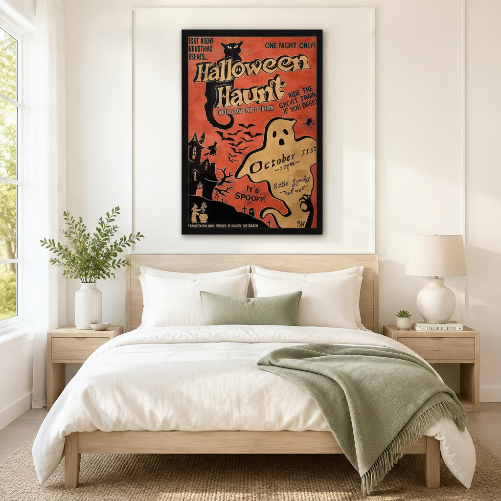 Retro Halloween Haunt framed wall art hung above a neutral-toned bed in a minimalist bedroom – vintage orange spooky ghost poster for Halloween decor