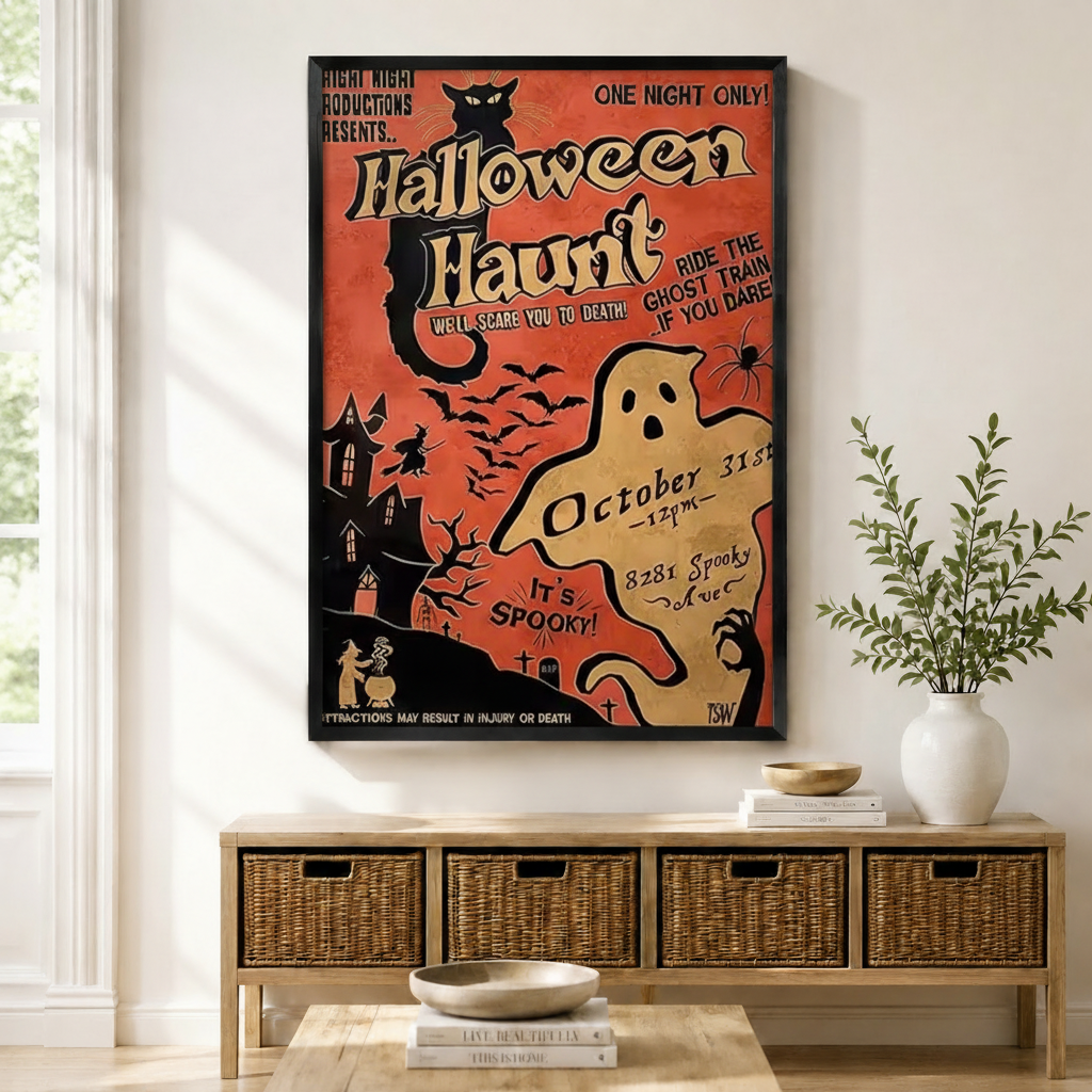 Vintage Halloween Haunt retro poster print in black frame displayed above a rattan sideboard in a bright living room – spooky ghost and witch wall art