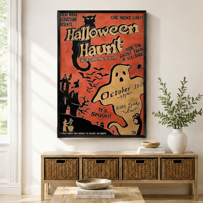 Vintage Halloween Haunt retro poster print in black frame displayed above a rattan sideboard in a bright living room – spooky ghost and witch wall art