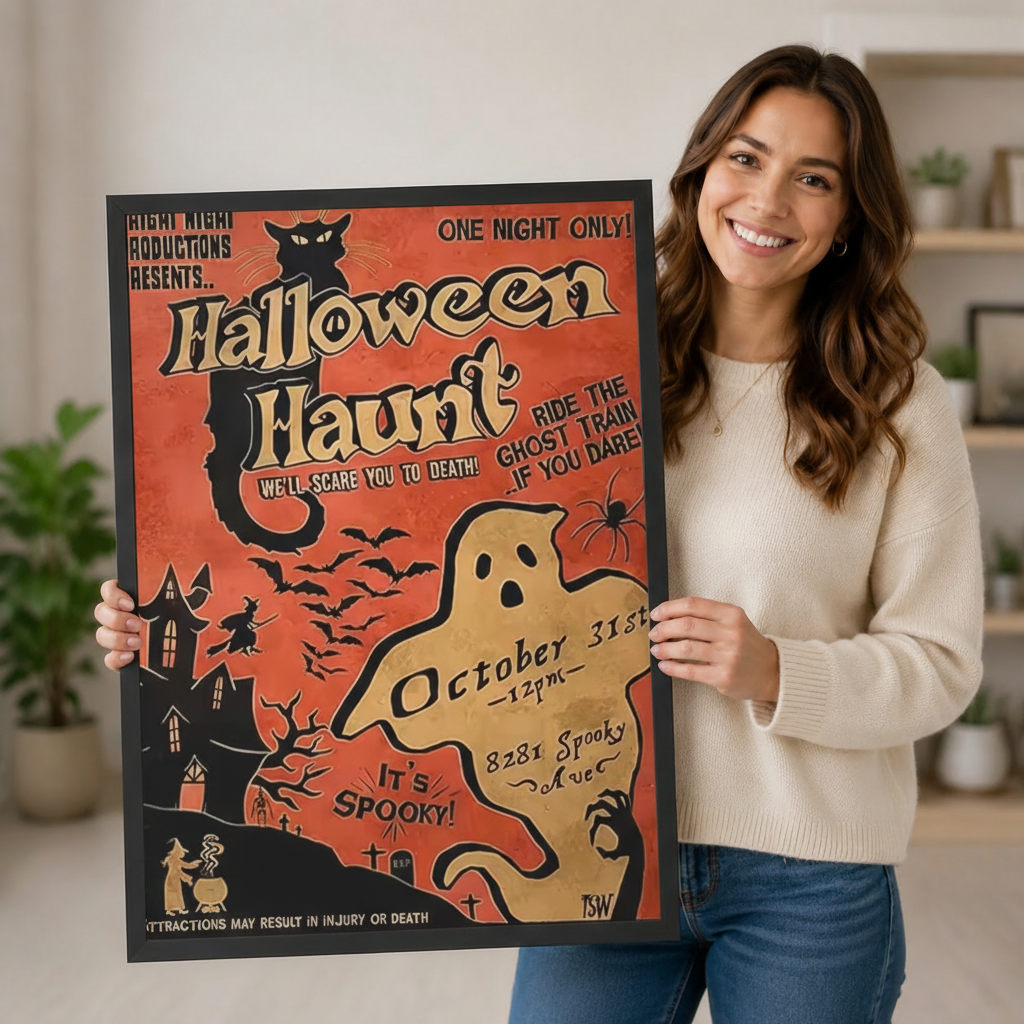 Smiling woman holding a large framed Halloween Haunt vintage poster – retro ghost witch and black cat spooky art print gift idea