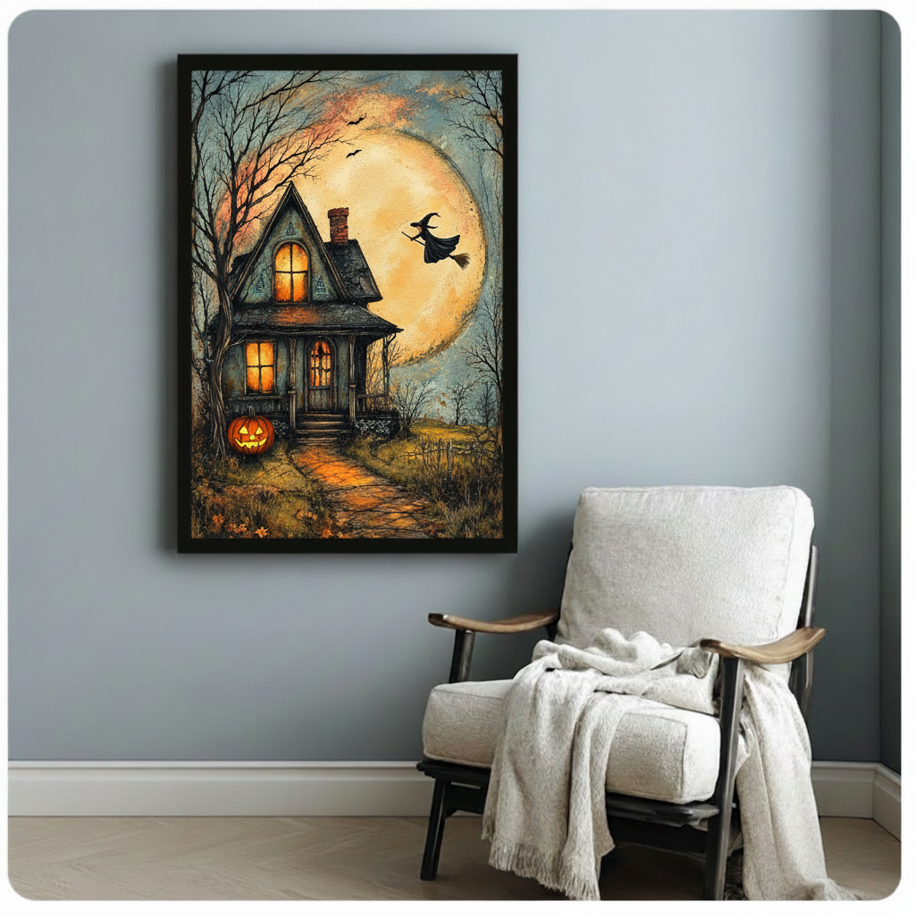 Halloween haunted house canvas wall art above a white armchair, featuring a flying witch beneath a full moon