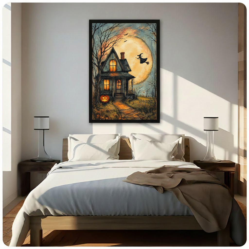 Halloween haunted house canvas wall art above a bed, showing a glowing cottage, pumpkin, and witch in the moonlight