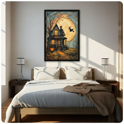 Halloween haunted house canvas wall art above a bed, showing a glowing cottage, pumpkin, and witch in the moonlight