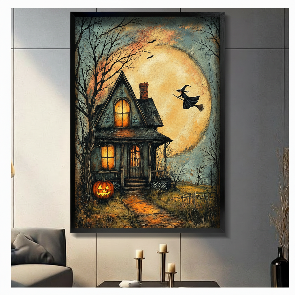  Halloween haunted house canvas wall art with a flying witch and glowing pumpkin displayed in a modern living room