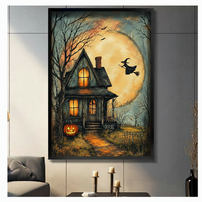  Halloween haunted house canvas wall art with a flying witch and glowing pumpkin displayed in a modern living room
