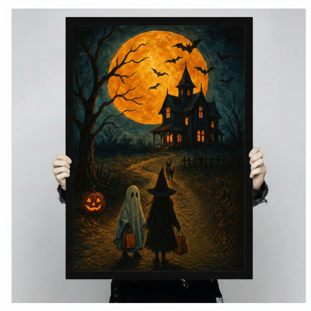 Hand-held Halloween art print showing ghost child, witch silhouette, and hidden black dog approaching a dark haunted mansion with bats flying across an orange moon