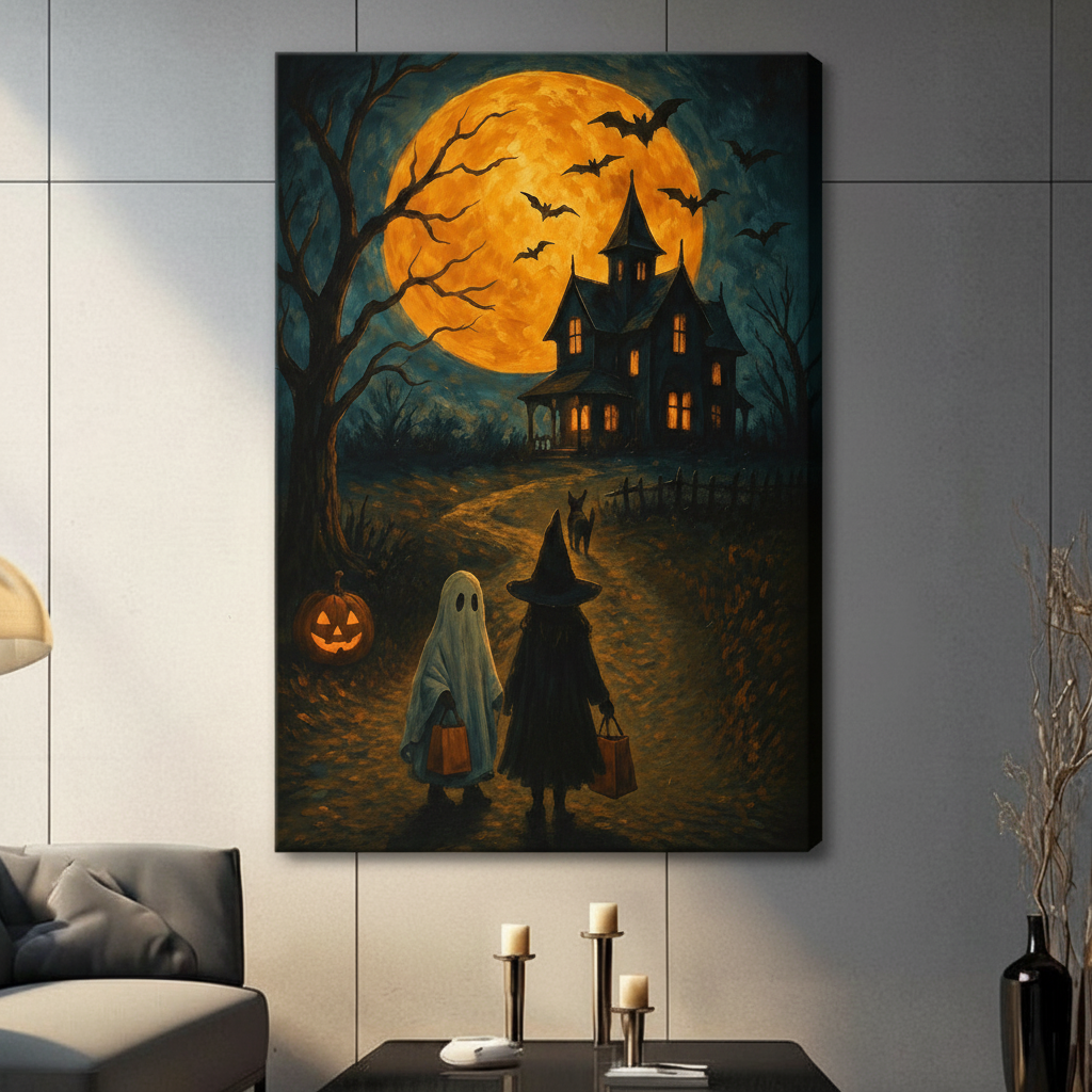 Vintage Halloween canvas wall art featuring ghost child, witch, and a mysterious black dog on a moonlit path to a spooky haunted mansion with bats and jack-o-lantern