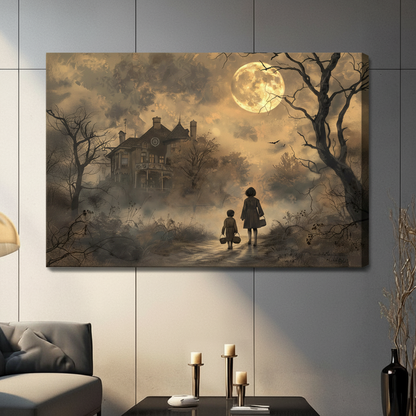 Atmospheric Halloween painting of a girl and boy carrying baskets walking along a foggy path toward a spooky Victorian mansion under a glowing full moon with gnarled bare trees and bats in moody sepia tones Halloween haunted house wall art stretched canvas in a living room with dark gray sofa candle holders and black vase