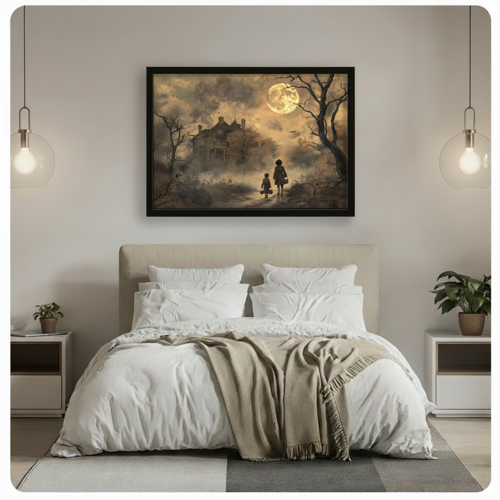 Moody Halloween gothic painting of two young children walking in silhouette toward a misty haunted house under a glowing full moon with bare twisted trees and dark crows in warm sepia and smoky brown tones spooky Halloween wall art framed print above a modern bedroom with white linen bedding potted plants and globe pendant lights