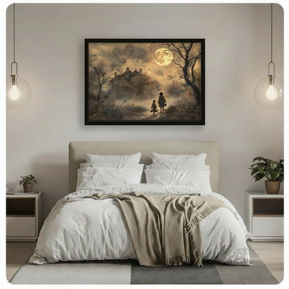 Moody Halloween gothic painting of two young children walking in silhouette toward a misty haunted house under a glowing full moon with bare twisted trees and dark crows in warm sepia and smoky brown tones spooky Halloween wall art framed print above a modern bedroom with white linen bedding potted plants and globe pendant lights