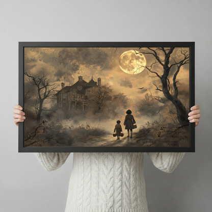 Dark gothic illustration of two children silhouettes approaching a foggy haunted Victorian house under a bright full moon with twisted bare trees and flying crows in warm amber and dark brown sepia tones eerie Halloween night scene framed print held up against a light gray background