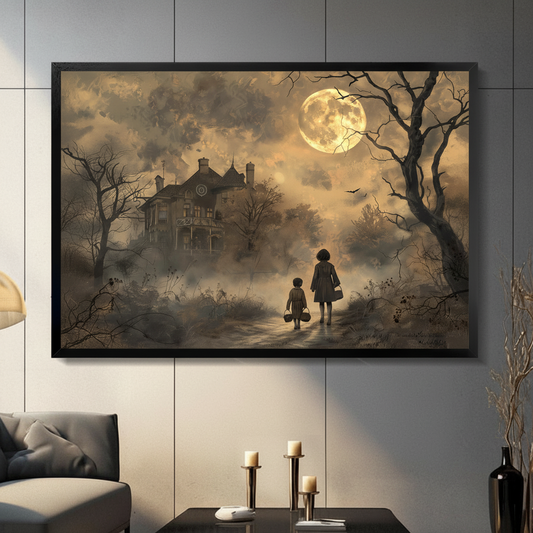Gothic Halloween oil painting of two children silhouettes walking toward a misty Victorian haunted house under a large full moon with bare twisted trees and flying crows in warm sepia and dark brown tones dark academia Halloween wall art framed print in a living room with dark gray tiled wall gray sofa candle holders and black vase