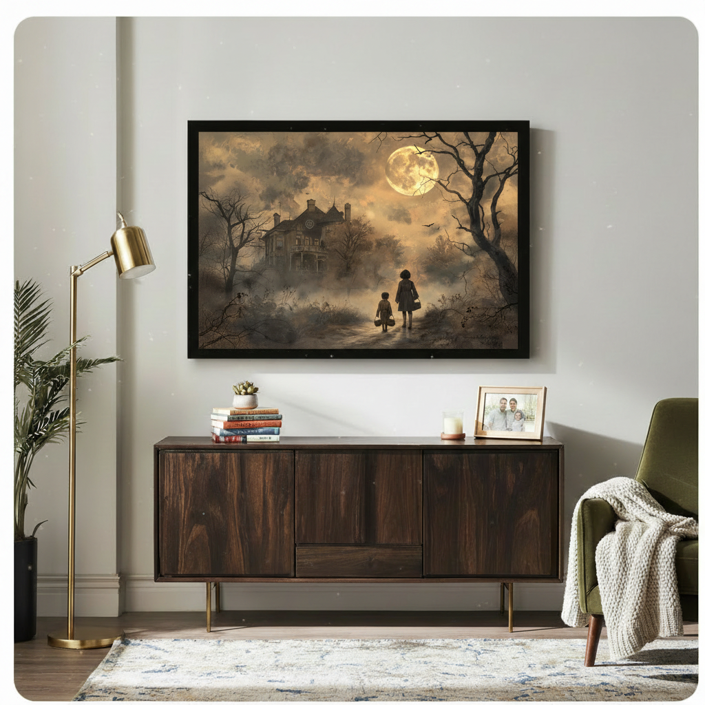 Victorian gothic Halloween oil painting of two children silhouettes carrying baskets on a foggy moonlit path leading to a dark haunted mansion with gnarled bare trees flying crows and a large glowing full moon in warm amber sepia and charcoal tones dark Halloween wall art framed print above a living room dark wood sideboard with gold floor lamp green armchair and potted plants