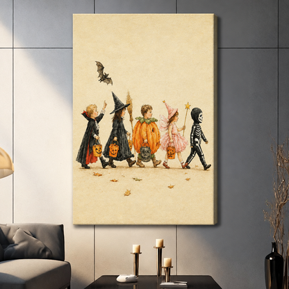 Vintage watercolor of five children in Halloween costumes trick-or-treating with pumpkin buckets and a bat stretched canvas dark panel wall living room