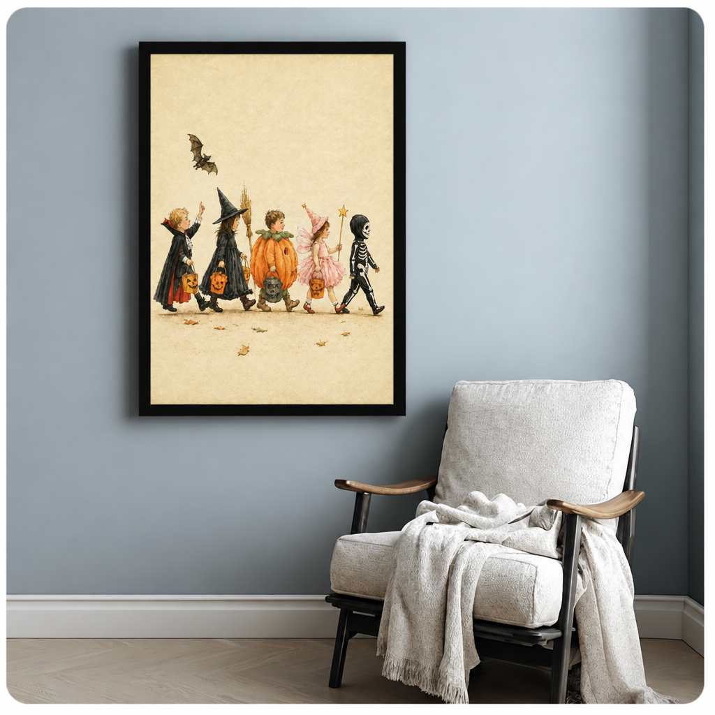 Vintage watercolor of five children in Halloween costumes trick-or-treating with pumpkin buckets and a bat framed print beside armchair blue-gray wall