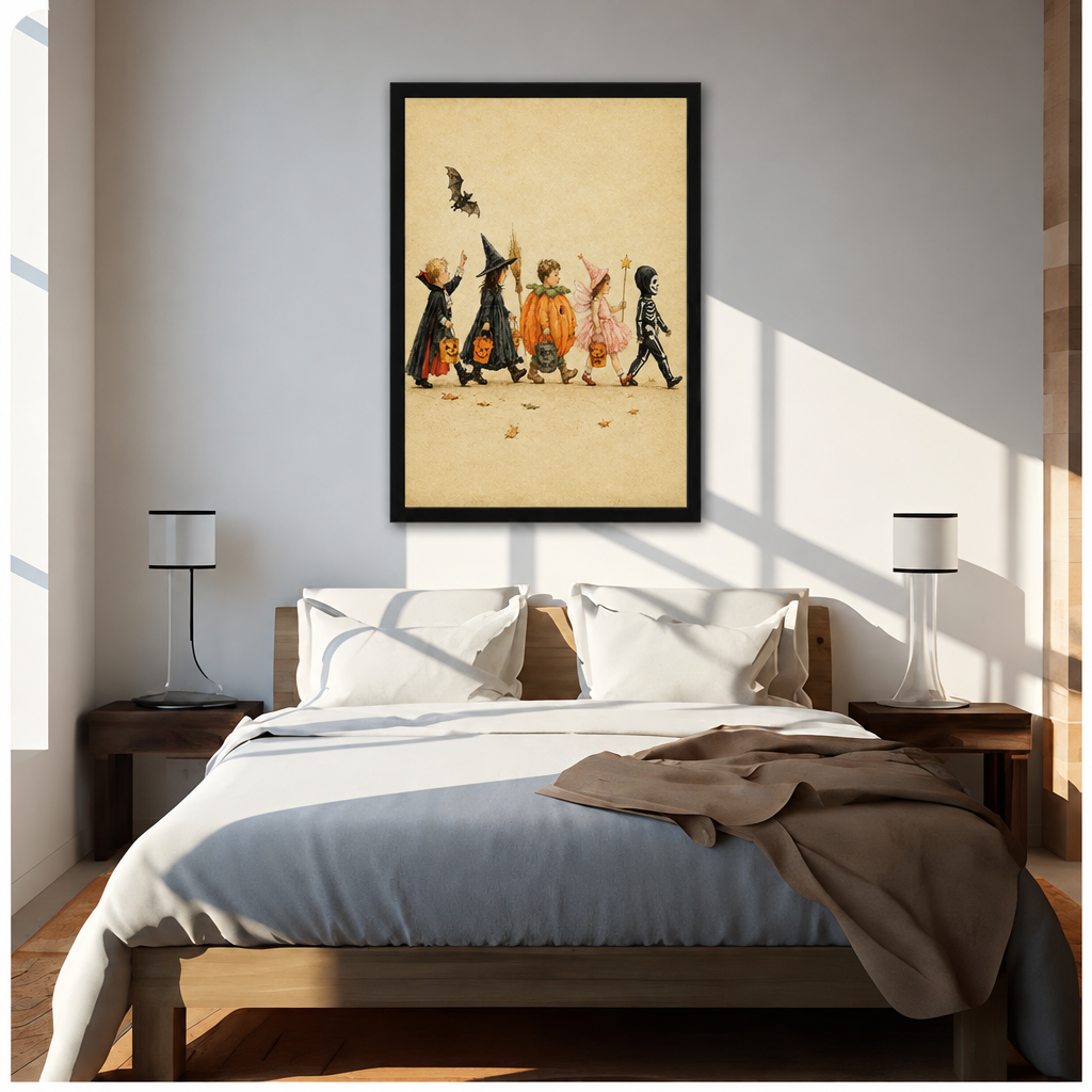 Vintage watercolor of five children in Halloween costumes trick-or-treating with pumpkin buckets and a bat framed print above bed sunlit bedroom
