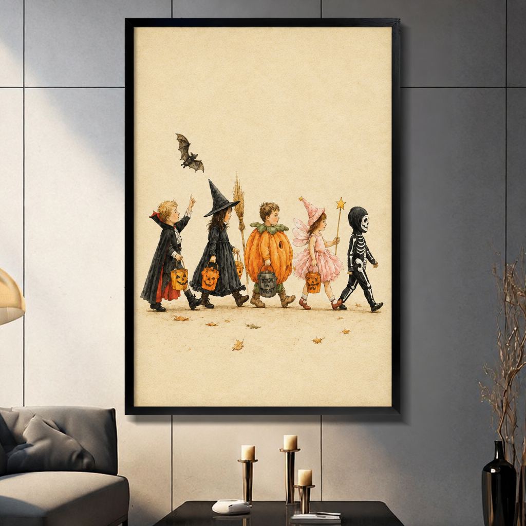 Vintage watercolor of five children in Halloween costumes trick-or-treating with pumpkin buckets and a bat framed print dark panel wall living room