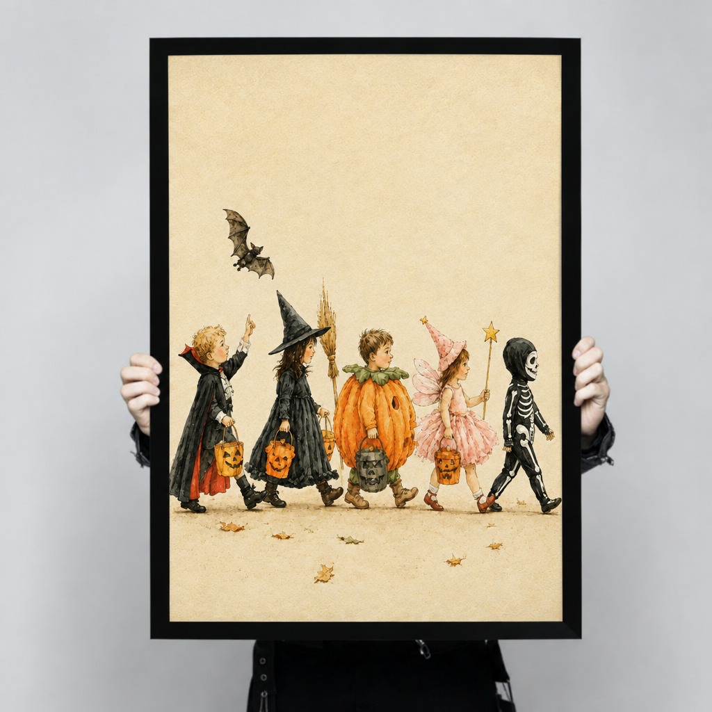 Vintage watercolor of five children in Halloween costumes trick-or-treating with pumpkin buckets and a bat framed print held up