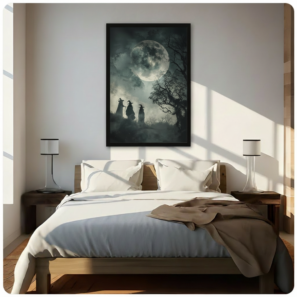 Gothic Halloween framed wall art print of three witch silhouettes under a glowing full moon in a foggy forest, displayed above a bed in a bright minimalist bedroom