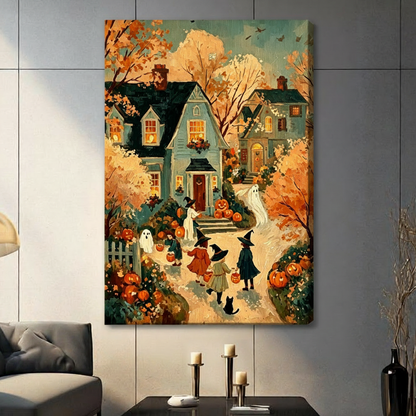 Vintage Halloween oil painting of three small witch-hatted children in red beige and dark green coats walking a pumpkin-lined path to a Victorian house at dusk with white floating ghosts a black cat orange trees and carved jack-o-lanterns festive Halloween wall art stretched canvas in a living room with dark gray panel wall dark sofa and black vase