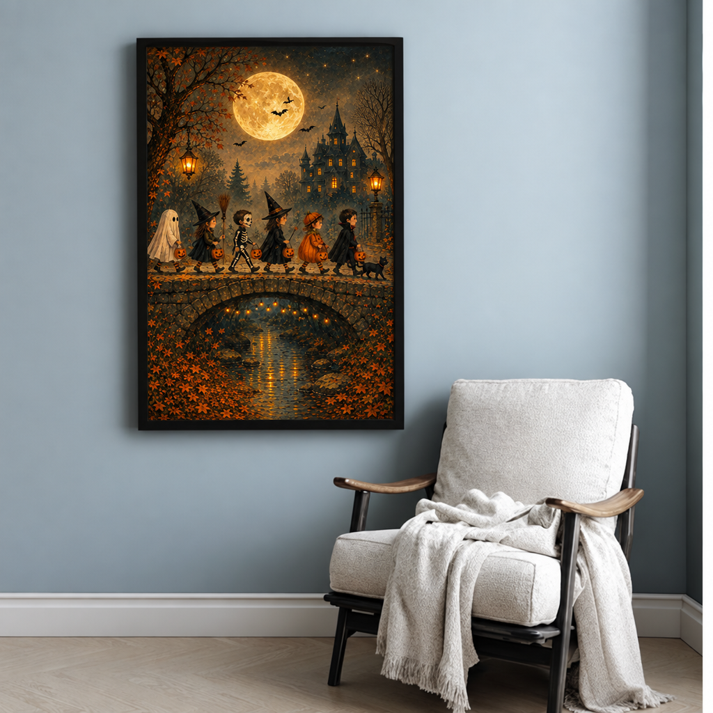  Halloween trick or treat canvas wall art beside a white armchair, depicting children with pumpkin baskets beneath a golden moon