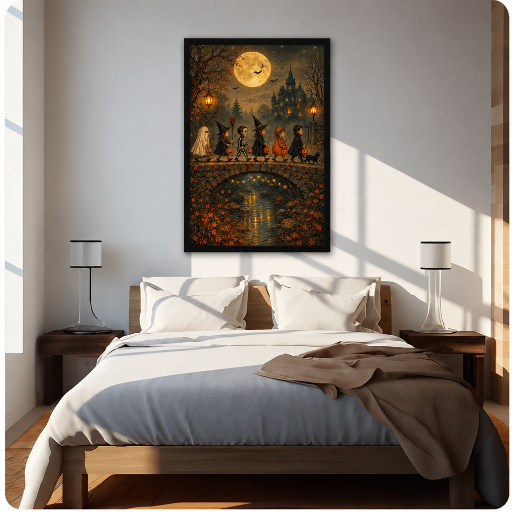 Halloween trick or treat canvas wall art above a bed, featuring a moonlit procession, autumn leaves, and lantern reflections