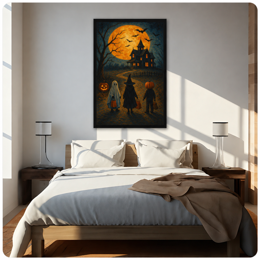 Halloween trick or treat canvas wall art above a bed, depicting a ghost, witch, pumpkin child, and moonlit haunted house