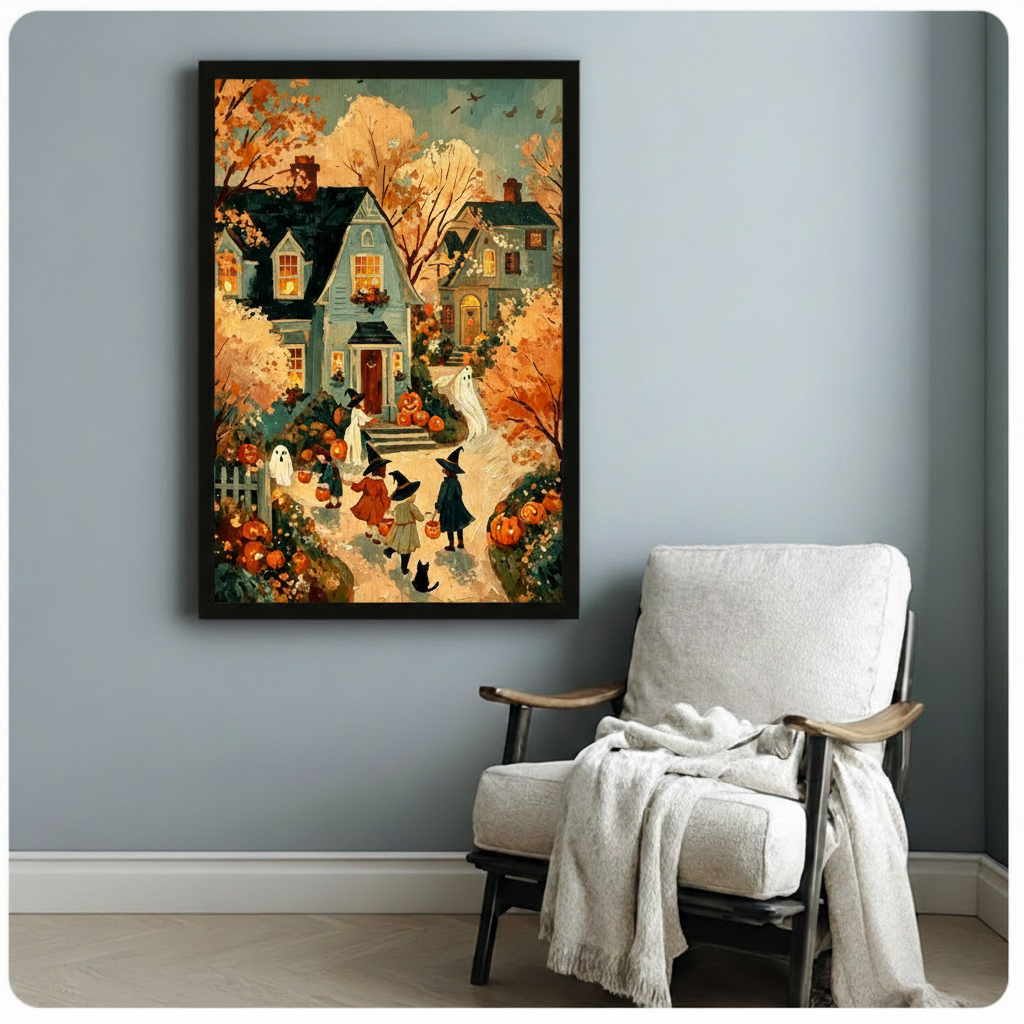 Vintage Halloween oil painting of three witch-hat children carrying pumpkin buckets on a winding path to a glowing Victorian house with jack-o-lanterns white ghosts drifting nearby and a black cat at their feet surrounded by orange autumn foliage charming Halloween wall art framed print beside a white linen armchair on a light gray wall