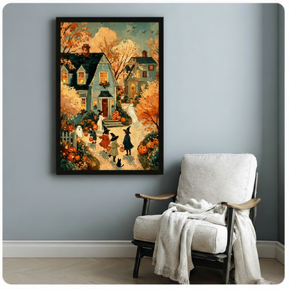 Vintage Halloween oil painting of three witch-hat children carrying pumpkin buckets on a winding path to a glowing Victorian house with jack-o-lanterns white ghosts drifting nearby and a black cat at their feet surrounded by orange autumn foliage charming Halloween wall art framed print beside a white linen armchair on a light gray wall