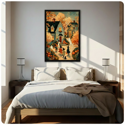 Vintage Halloween oil painting illustration of three children in witch hats trick-or-treating along a glowing pumpkin path toward a blue-gray Victorian house at twilight with white ghosts drifting through golden autumn trees and a small black cat following behind cozy Halloween wall art framed print above a bedroom with white linen bedding and dark wood bedside tables