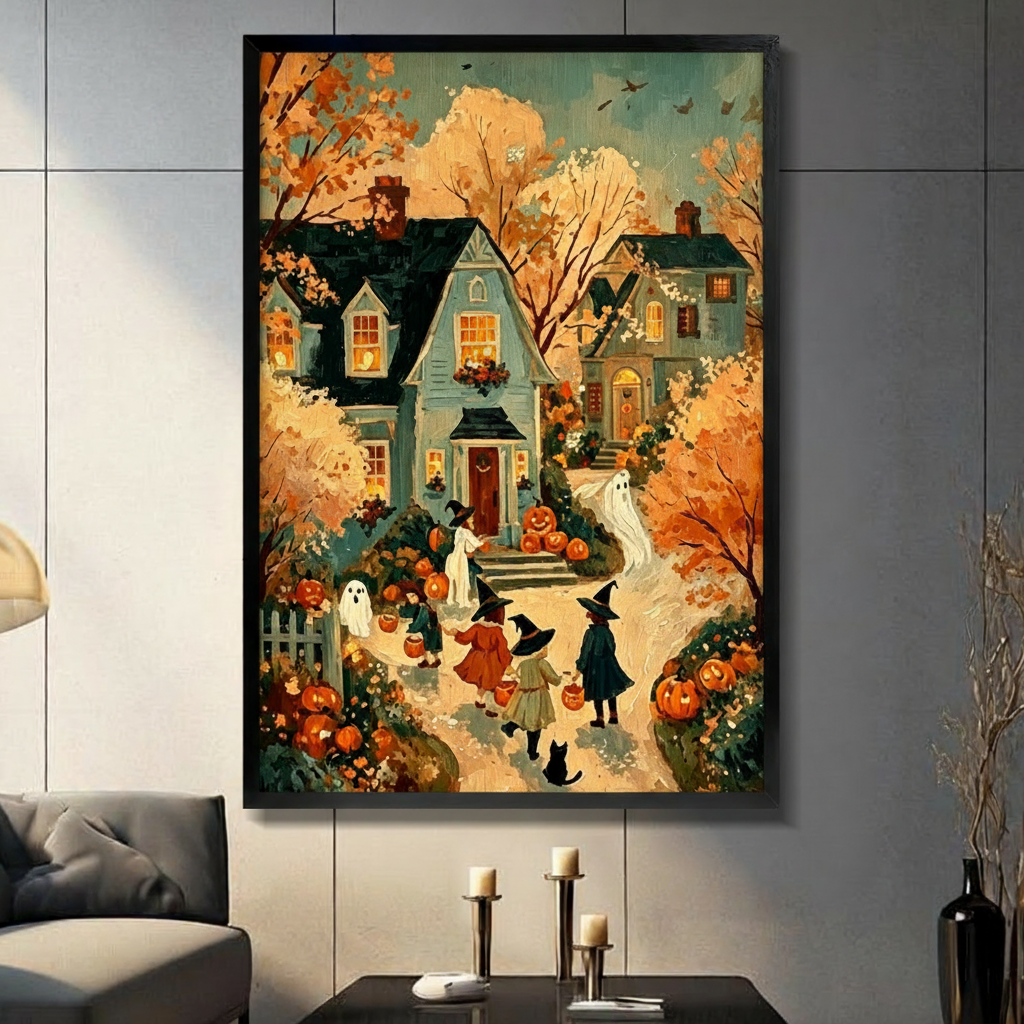 Vintage Halloween oil painting illustration of three children in witch hats and colorful coats trick-or-treating along a lantern-lit path toward a blue-gray Victorian house decorated with glowing jack-o-lanterns flanked by white ghosts autumn trees and a small black cat against a golden orange and blue-gray dusk sky nostalgic Halloween wall art framed print in a living room with dark gray panel wall dark sofa and black vase