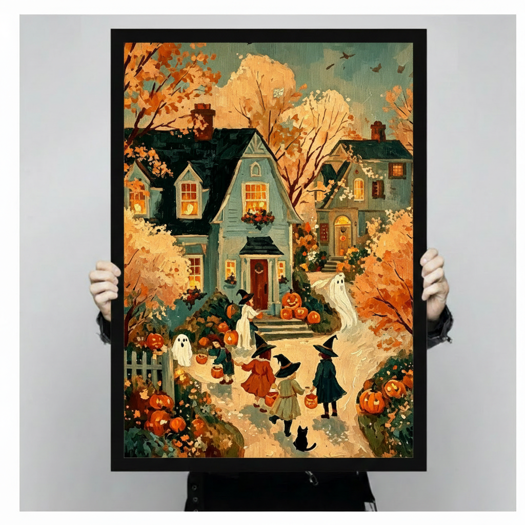 Vintage Halloween oil painting illustration of three children in wide-brim witch hats trick-or-treating toward a blue-gray gabled house with glowing pumpkins and windows two white ghosts and a small black cat amid lush orange autumn trees and floral gardens warm nostalgic Halloween wall art framed print held against a light gray background