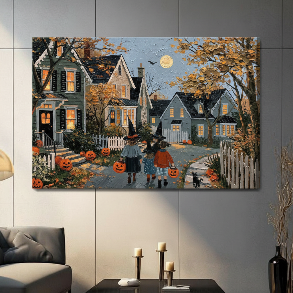 Gallery wrap canvas of kids in Halloween witch hats carrying pumpkin buckets along a glowing autumn neighborhood street under a full moon, hung on a grey wall in a contemporary living room