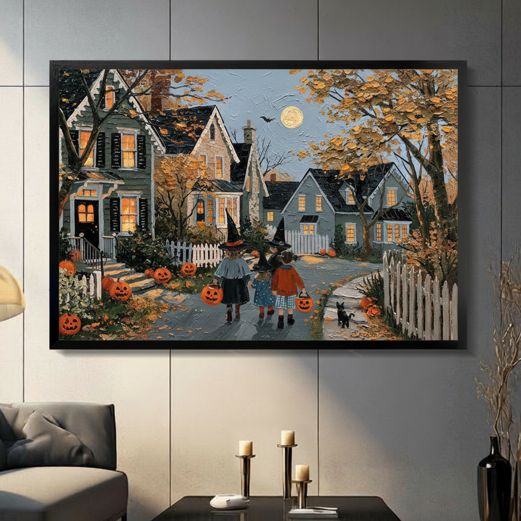 Framed Halloween wall art print of children in witch costumes trick-or-treating on a moonlit neighborhood street lined with jack-o-lanterns, displayed on a grey panelled wall in a modern living room