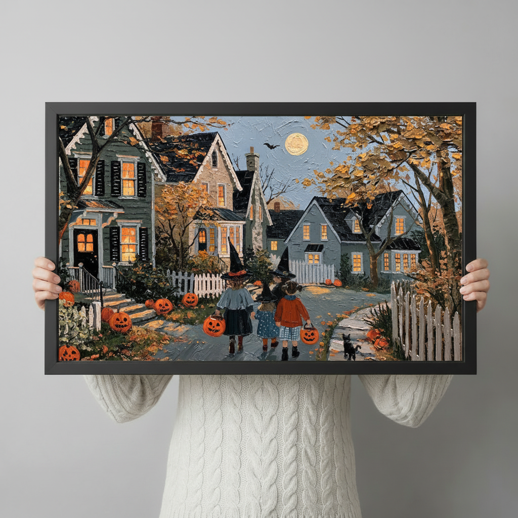 Hand-held close-up of a black-framed Halloween art print featuring children in costumes trick-or-treating past jack-o-lanterns on a moonlit autumn street with glowing cottage windows
