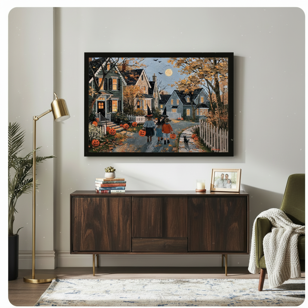 Black-framed Halloween oil painting style wall art hung above a mid-century walnut sideboard, showing witch-hat kids trick-or-treating past glowing jack-o-lanterns on a moonlit autumn evening
