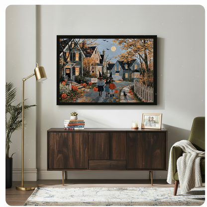 Black-framed Halloween oil painting style wall art hung above a mid-century walnut sideboard, showing witch-hat kids trick-or-treating past glowing jack-o-lanterns on a moonlit autumn evening