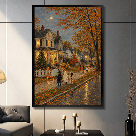 Vintage oil painting of children in Halloween costumes trick-or-treating along a glowing moonlit neighborhood street lined with autumn trees jack-o-lanterns and warmly lit Victorian houses halloween wall art framed print dark panel wall living room