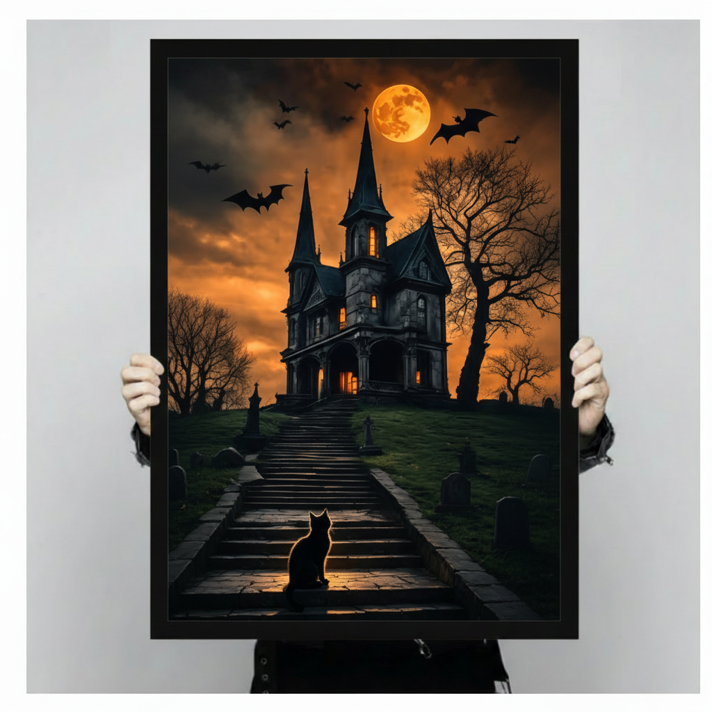Gothic haunted house Halloween wall art poster with orange harvest moon and flying bats, shown hand-held against a neutral gray background to display print size