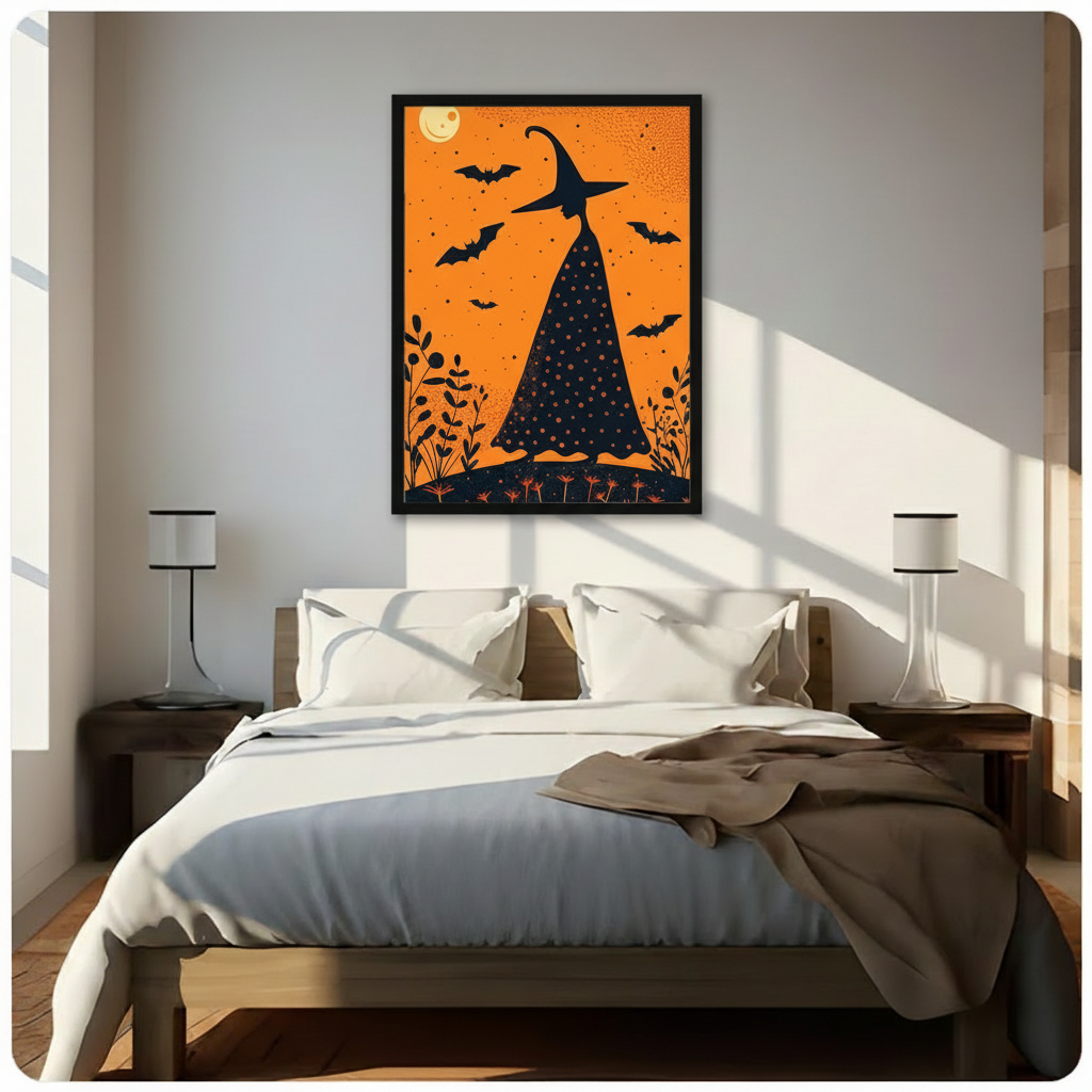 Black framed Halloween witch silhouette with bats and glowing moon on orange background wall art above bed in bright minimalist bedroom