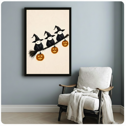 Framed Halloween witch birds and jack-o-lantern art print in black frame beside accent chair in modern room