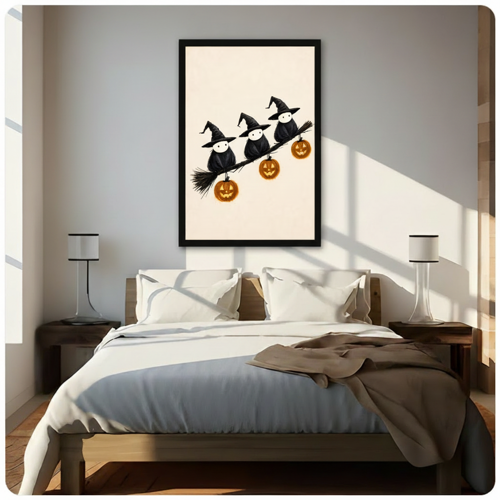 Black framed Halloween witch birds on broomstick with jack-o-lanterns wall art print above bed in bright bedroom